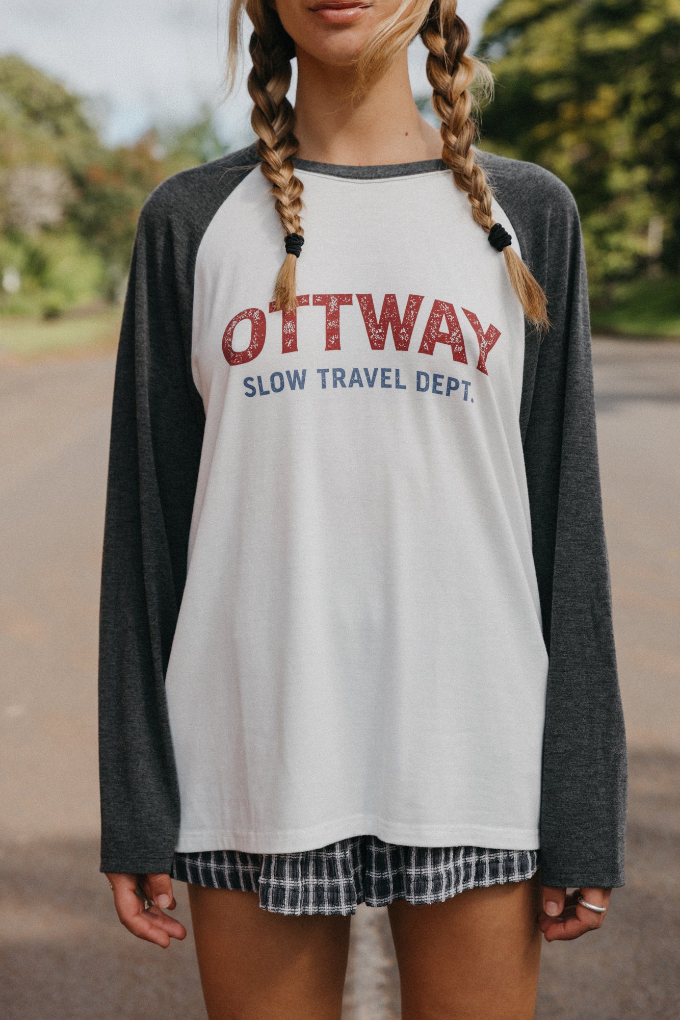 Slow Travel Dept Long Sleeve Raglan Unisex T-Shirt - White and Faded Blue