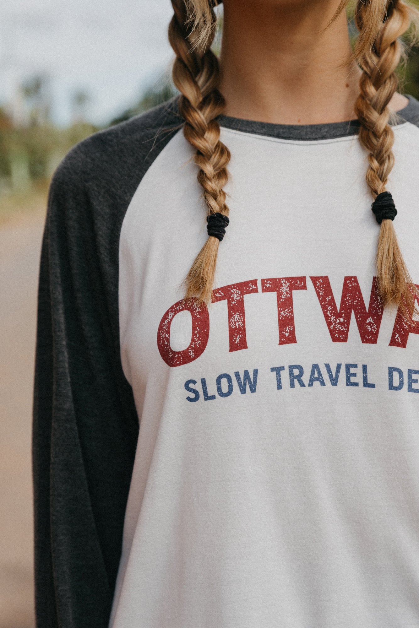 Slow Travel Dept Long Sleeve Raglan Unisex T-Shirt - White and Faded Blue