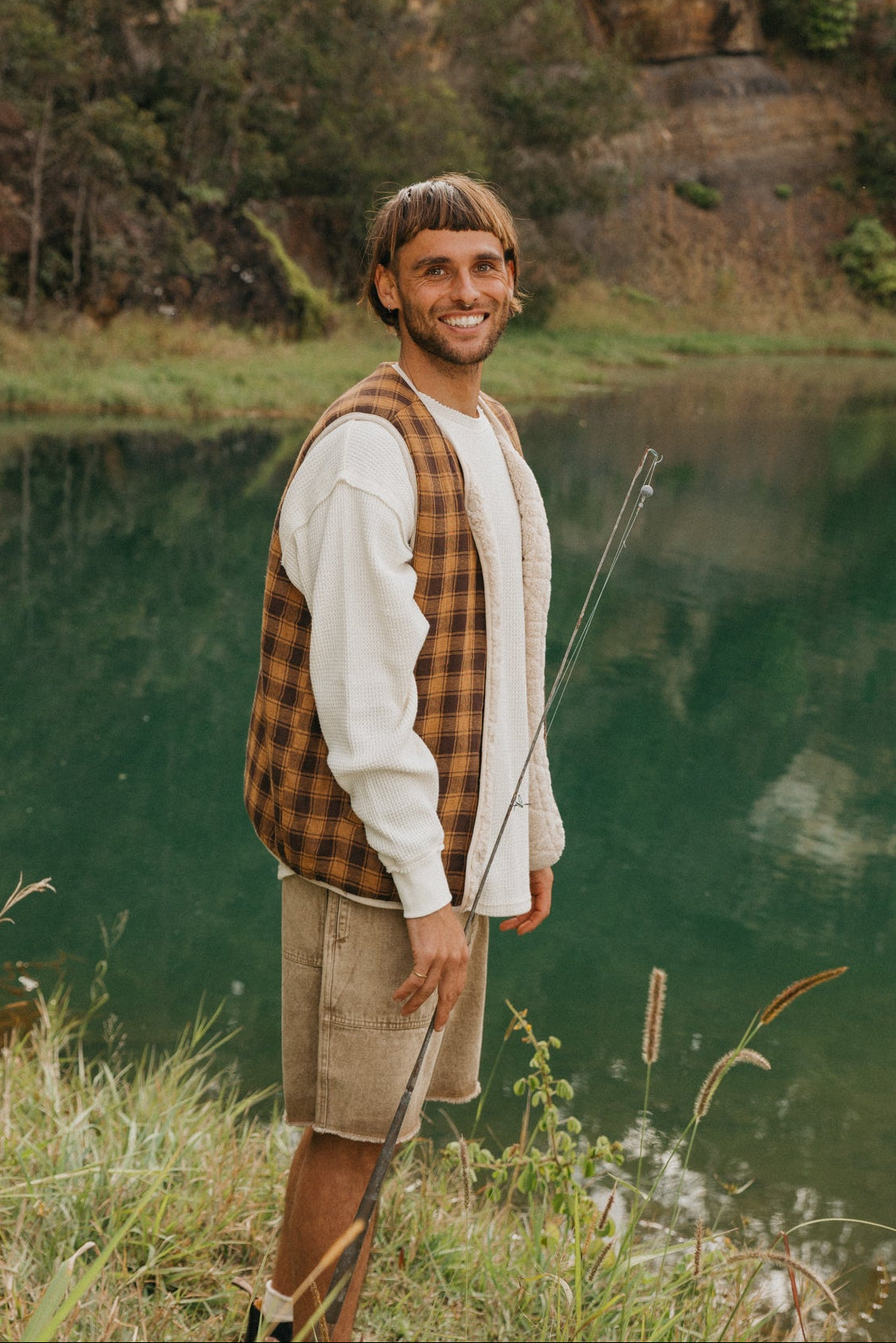 Nomad Sherpa Reversible Checked Vest - Cream