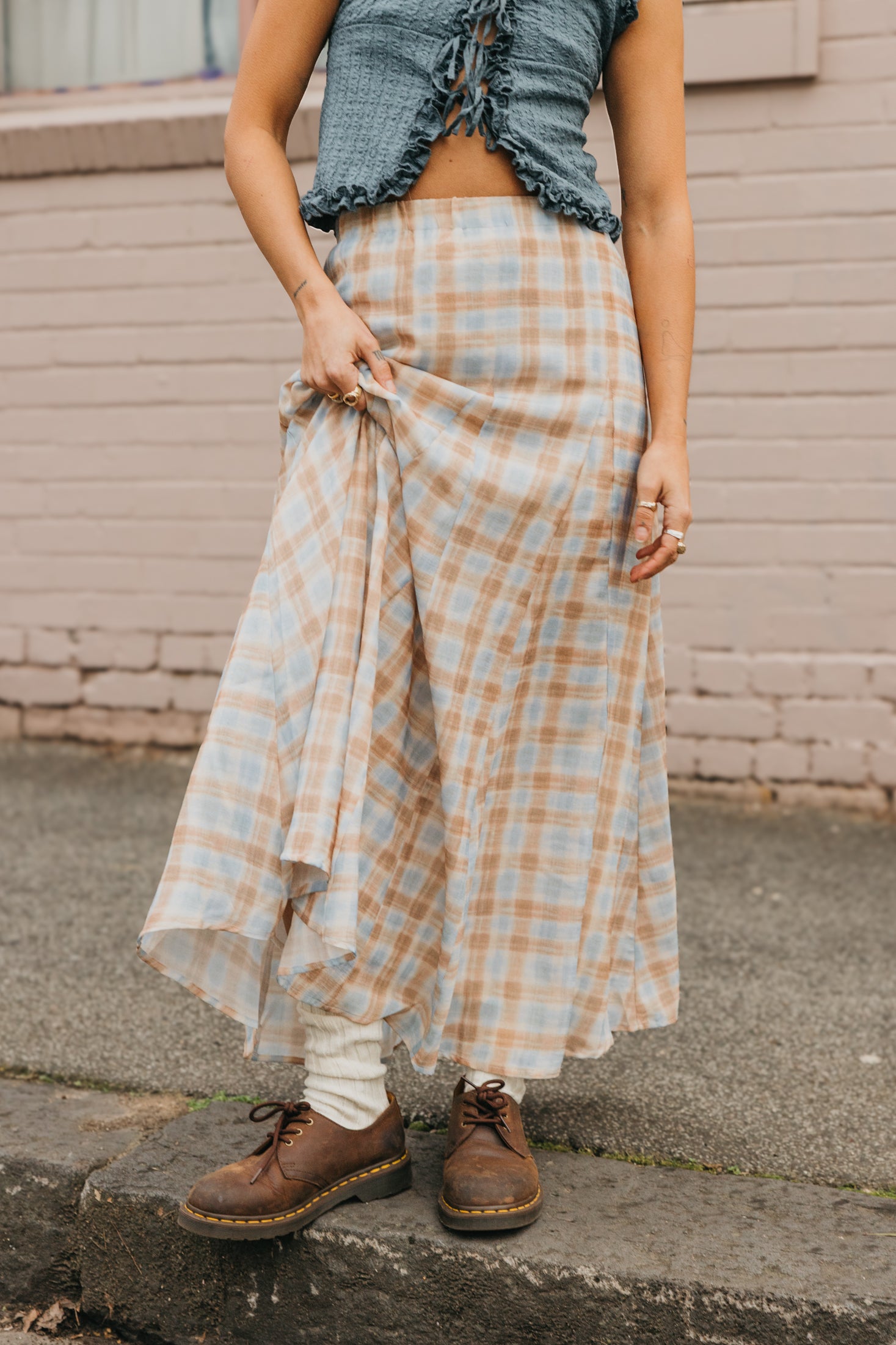 Juniper - Plaid Blue & Brown Maxi Skirt