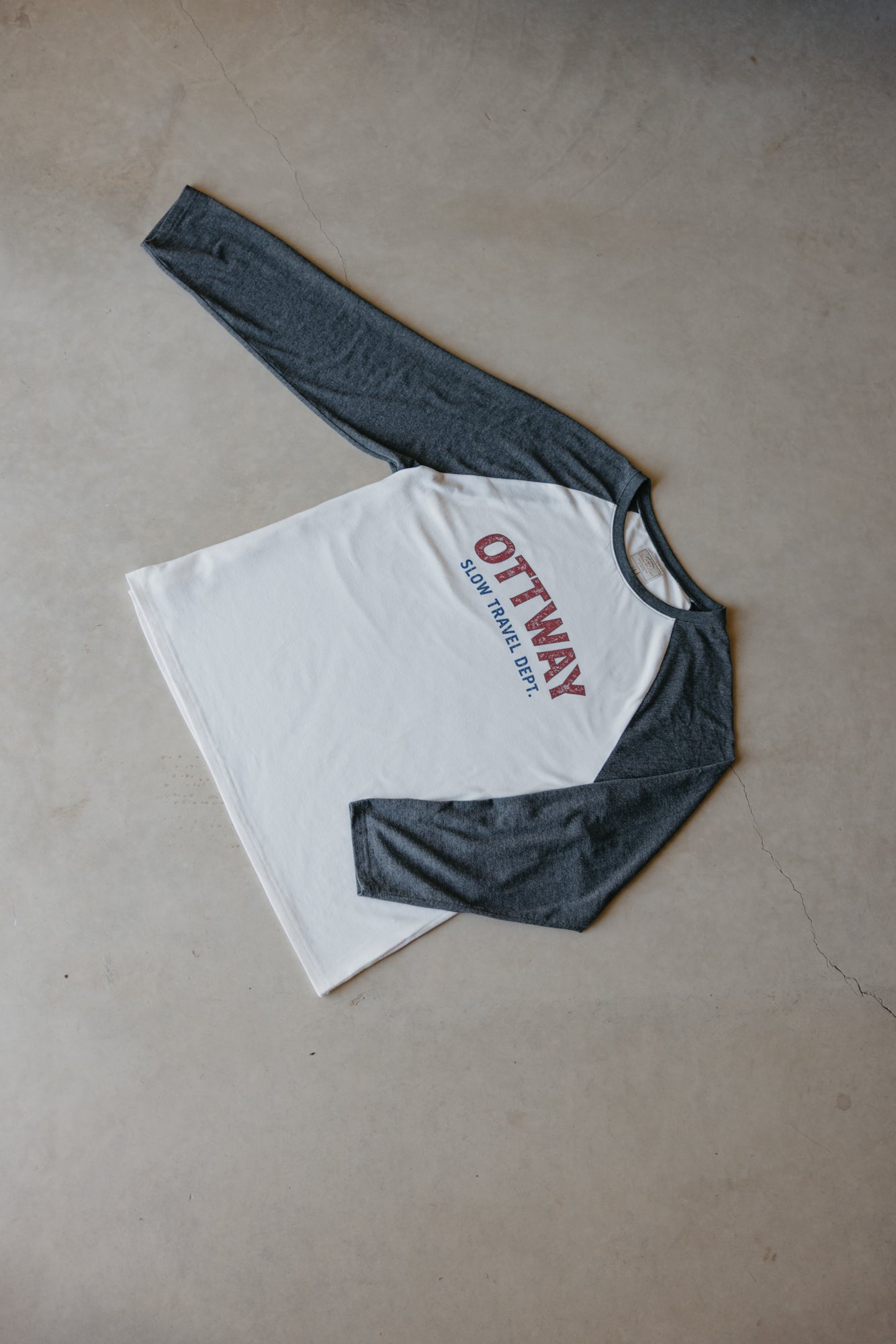 Slow Travel Dept Long Sleeve Raglan Unisex T-Shirt - White and Faded Blue