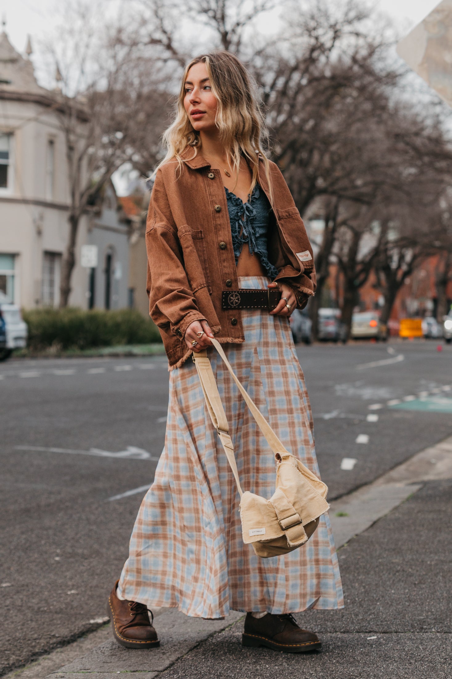 Juniper - Plaid Blue & Brown Maxi Skirt
