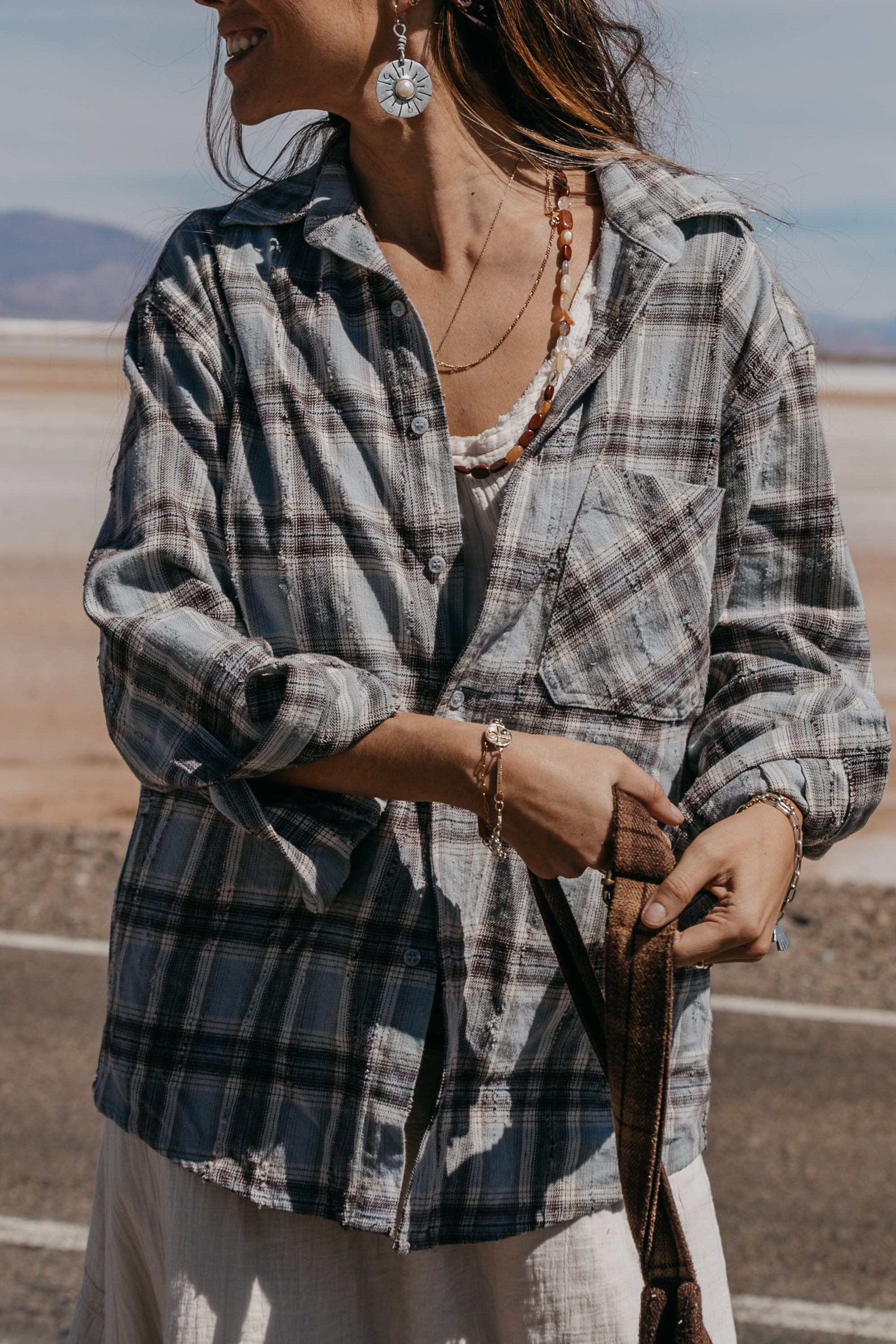 Evans Plaid Unisex Shirt - Distressed Blue Grey