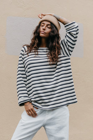 Striped Long Sleeve Unisex T-Shirt - Blue and Cream